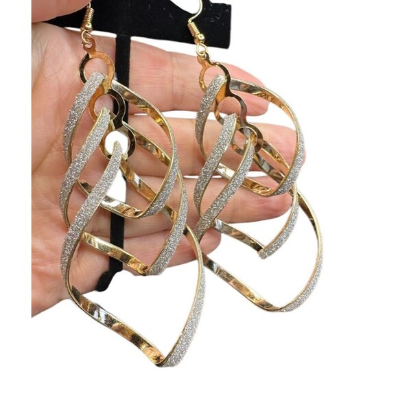 dangle earrings for women 2 pairs black gold tone sparkle 4 inches party - Picture 3 of 16